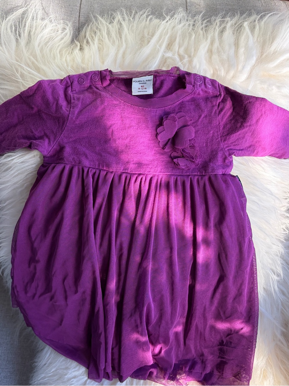 Polarn O. Pyret Bright Purple Floral-Appliqué Girls Dress. Size 80 (9-12mo)